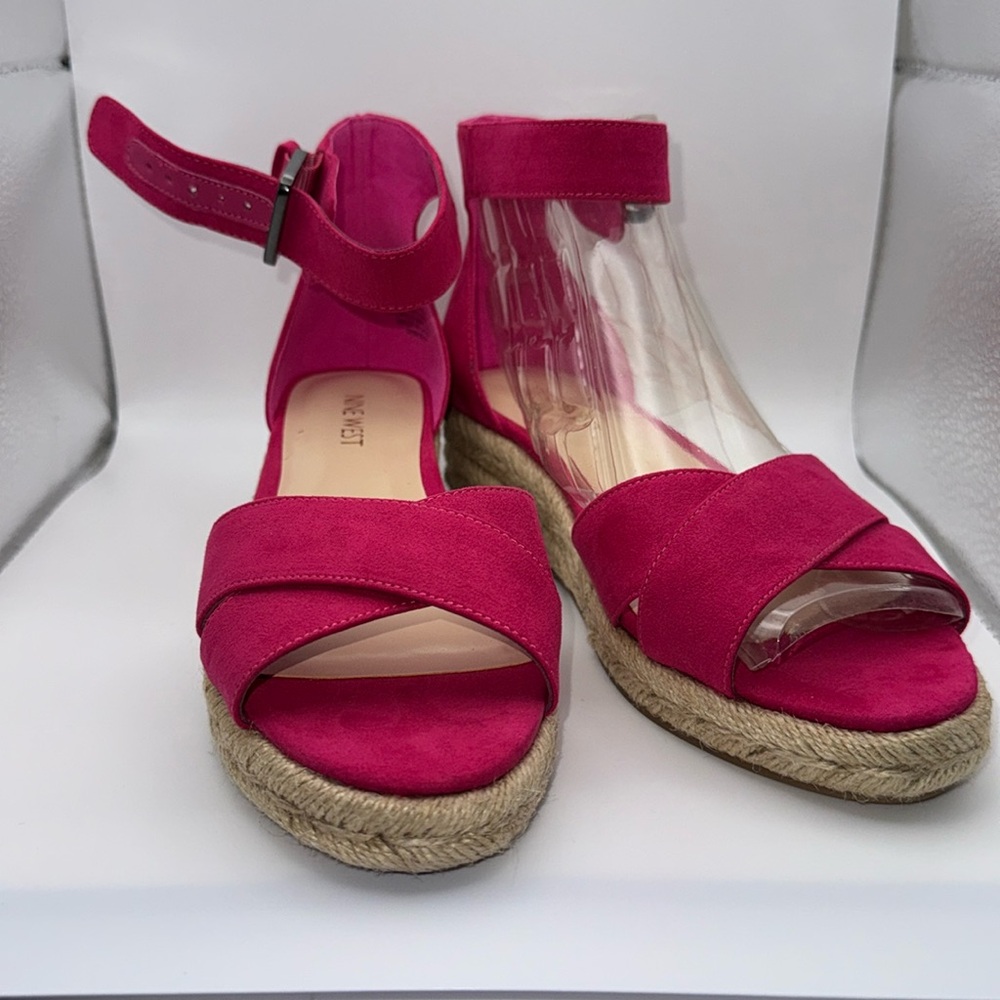 Nine West Anitajobo bright pink espadrille sandal low wedge  6.5